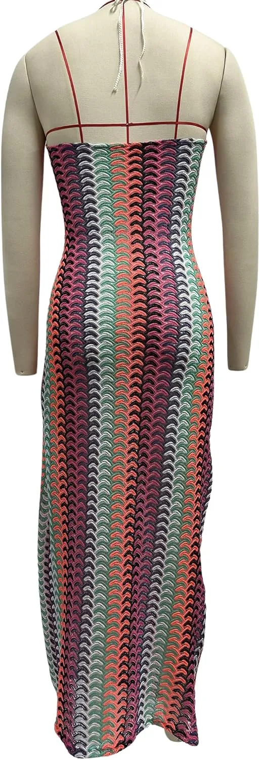 CORIRESHA Women's Sexy Backless Halter Sleeveless Beach Striped Knit Bodycon Maxi Dress