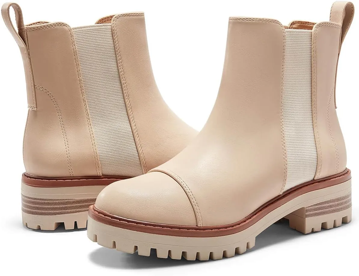 Coutgo Womens Chelsea Ankle Boots Lug Sole Low Stacked Heel Booties Winter Platform Shoes
