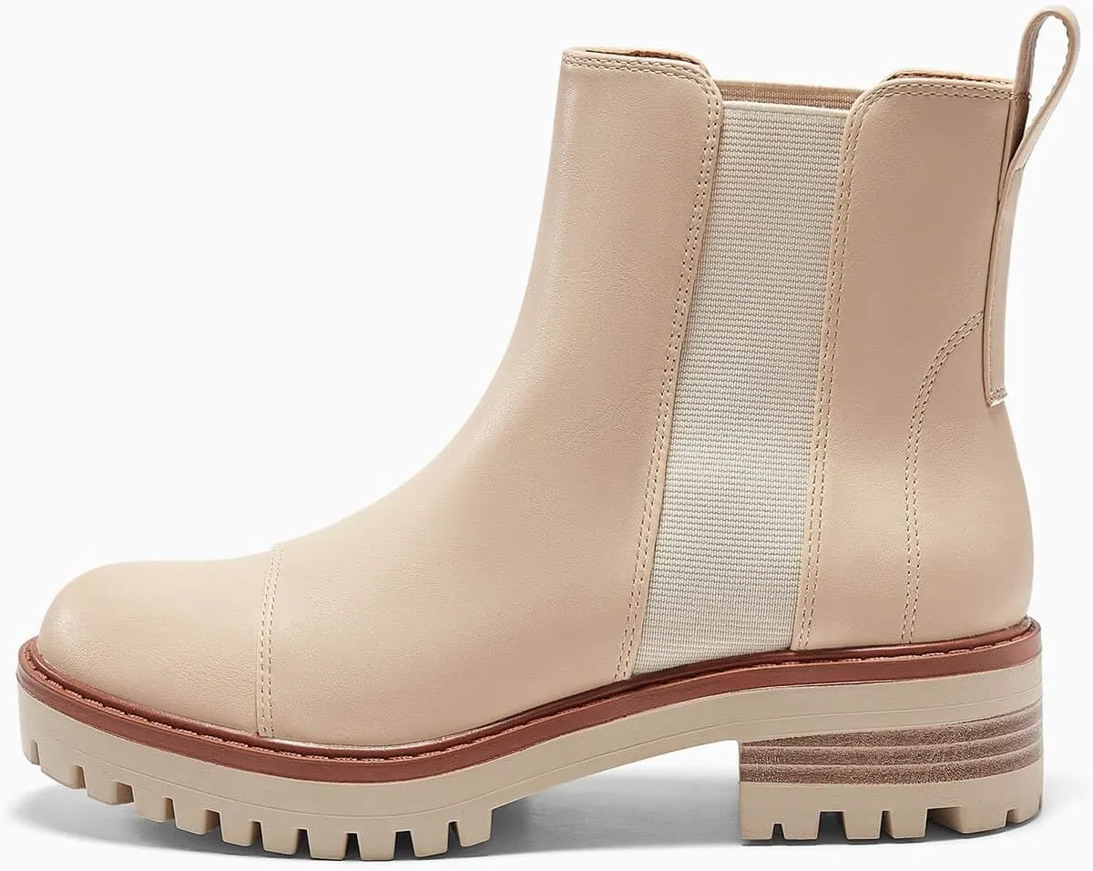 Coutgo Womens Chelsea Ankle Boots Lug Sole Low Stacked Heel Booties Winter Platform Shoes