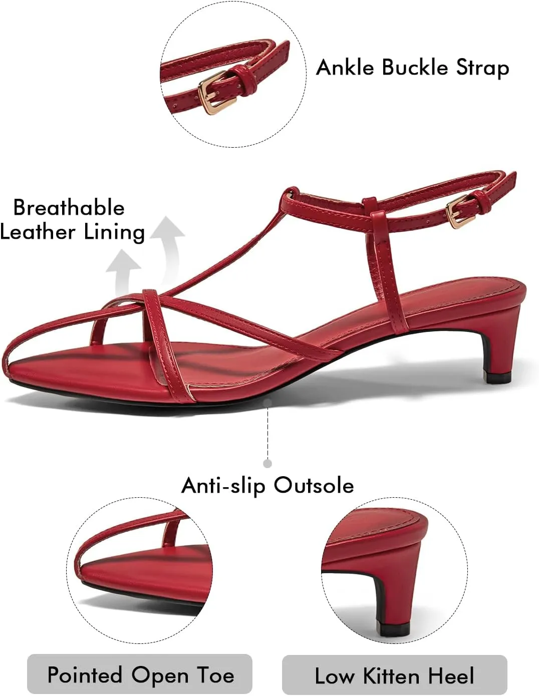 Coutgo Womens Dress Sandals Strappy Low Kitten Heels Pointed Open Toe Summer Beach Shoes