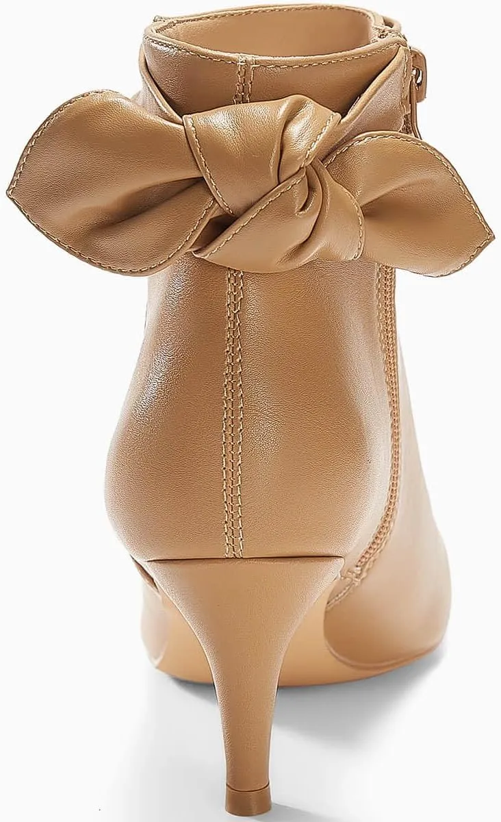 Coutgo Womens Kitten Heel Ankle Boots Bow Closed Pointed Toe Booties Pleated Side Zipper Winter Boot Shoes