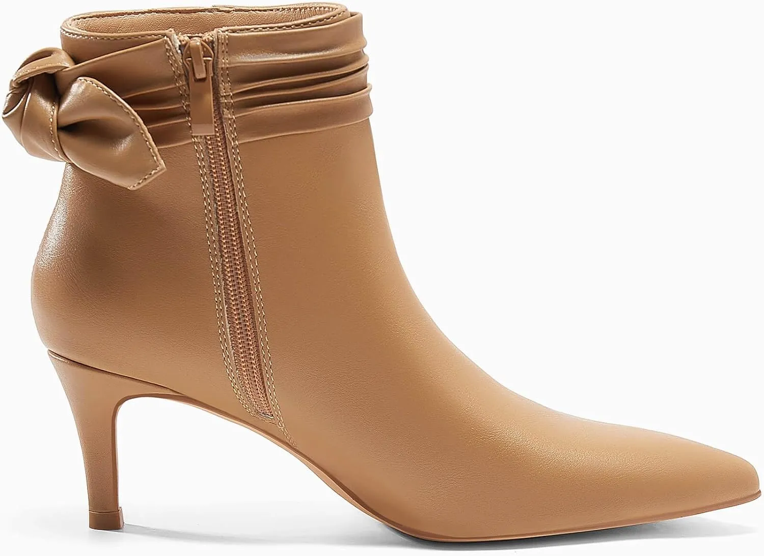 Coutgo Womens Kitten Heel Ankle Boots Bow Closed Pointed Toe Booties Pleated Side Zipper Winter Boot Shoes
