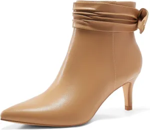 Coutgo Womens Kitten Heel Ankle Boots Bow Closed Pointed Toe Booties Pleated Side Zipper Winter Boot Shoes