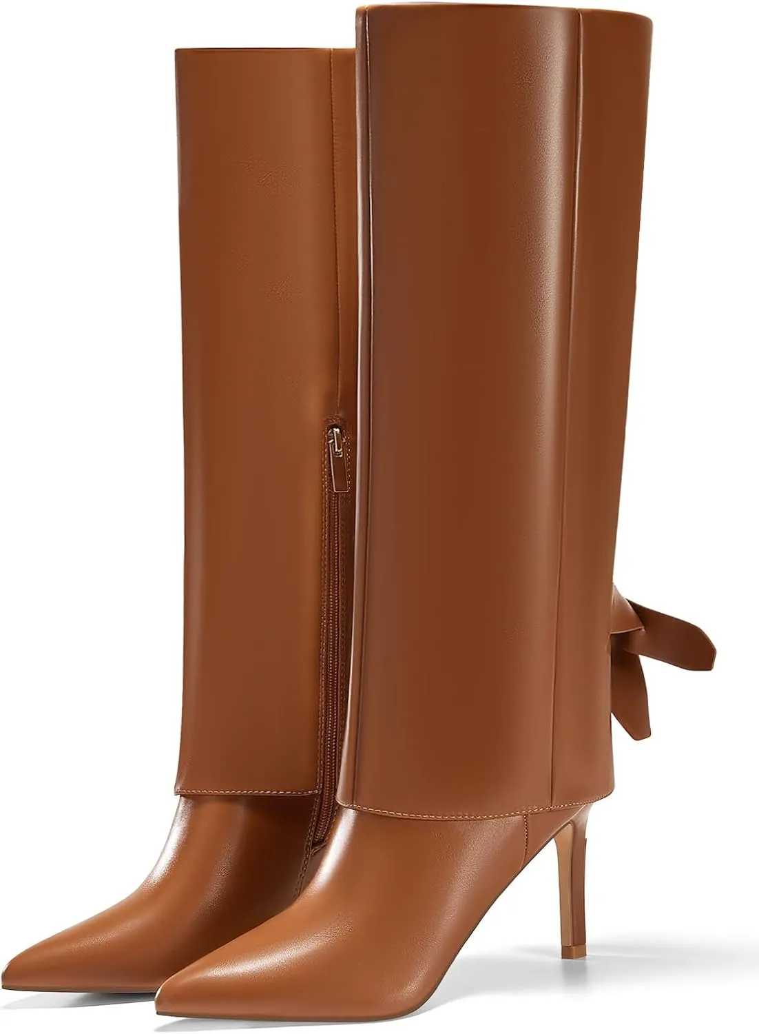 Coutgo Womens Knee High Boots Fold Over Pointed Toe Stiletto High Heel Boot Sexy Winter Tall Boots