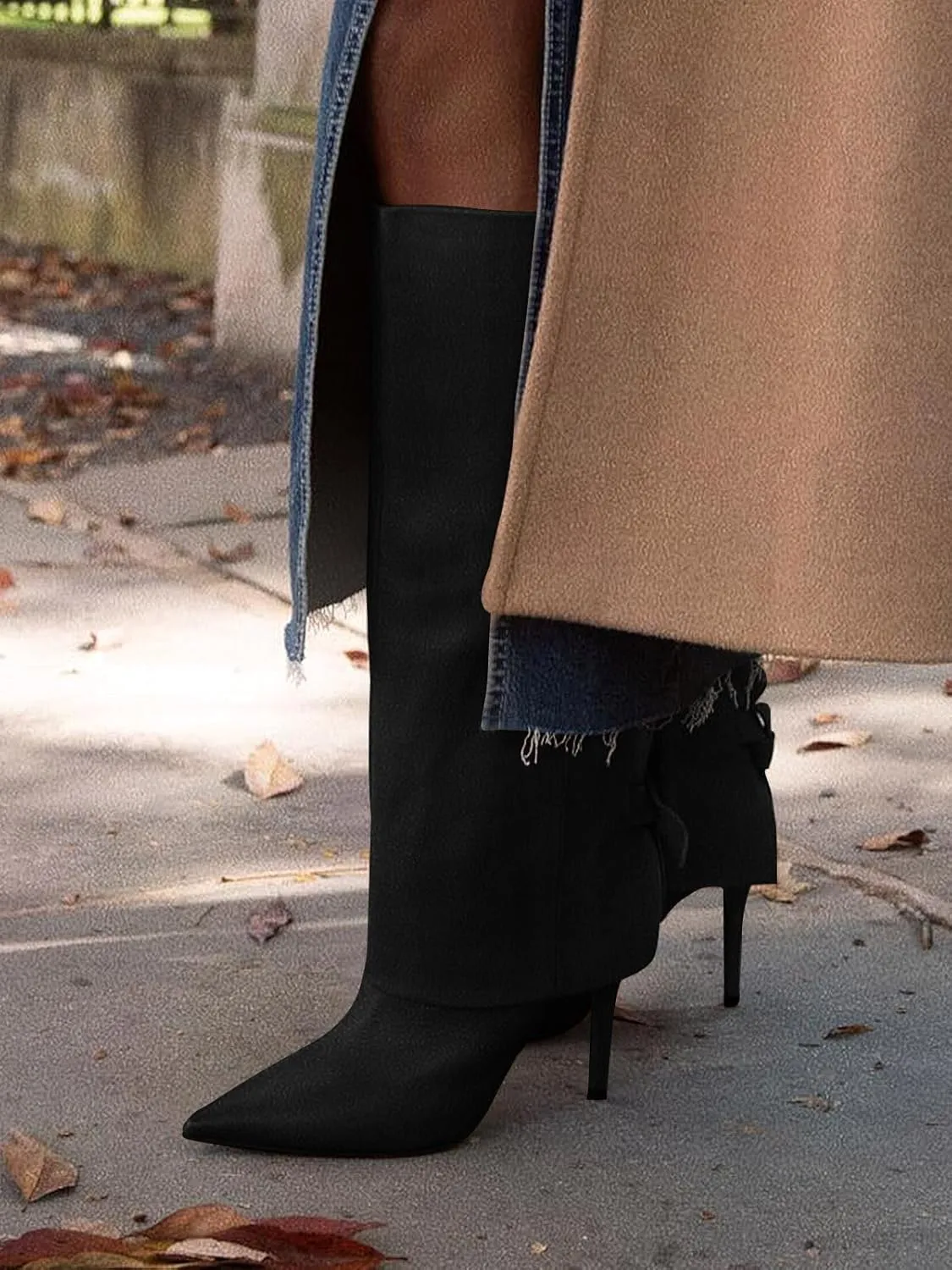 Coutgo Womens Knee High Boots Fold Over Pointed Toe Stiletto High Heel Boot Sexy Winter Tall Boots