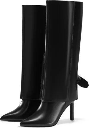 Coutgo Womens Knee High Boots Fold Over Pointed Toe Stiletto High Heel Boot Sexy Winter Tall Boots