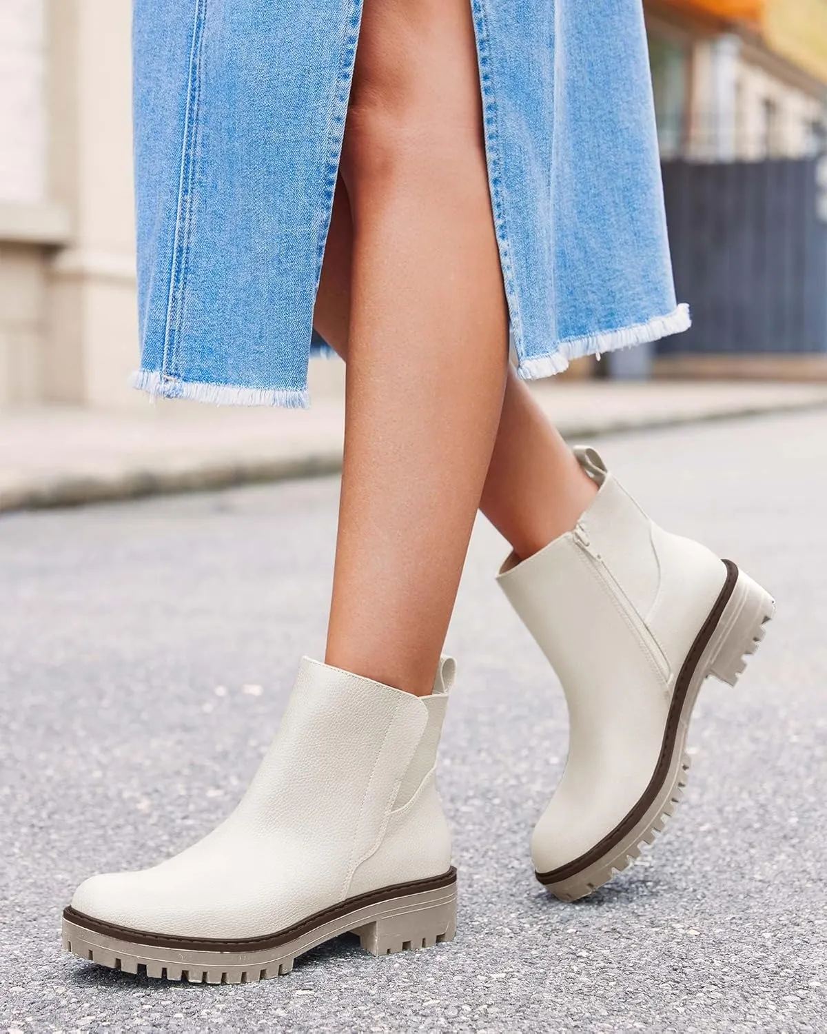 Coutgo Womens Low Heel Chelsea Ankle Boots Platform Lug Sole Booties Pull On Fall Short Boot Shoes