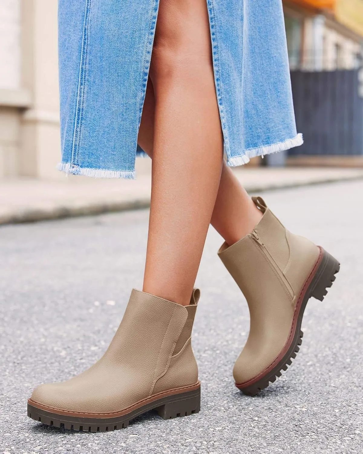 Coutgo Womens Low Heel Chelsea Ankle Boots Platform Lug Sole Booties Pull On Fall Short Boot Shoes