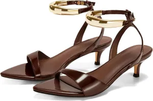 Coutgo Womens Low Kitten Heels Sandals Strappy Pointed Open Toe One Strap Metal Summer Dress Shoes