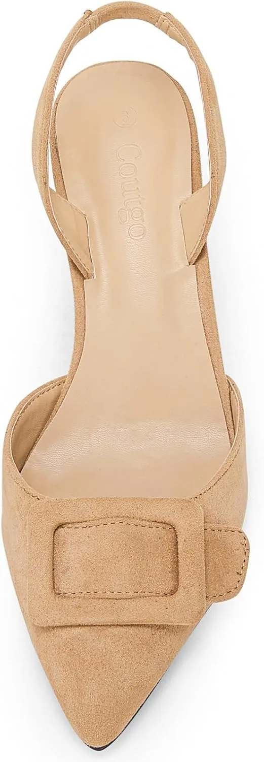 Coutgo Womens Slingback Heels Kitten Heel Pumps Dress Shoes Sling Back Closed Pointed Toe Suede Wedding Party Sandals