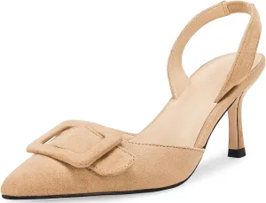 Coutgo Womens Slingback Heels Kitten Heel Pumps Dress Shoes Sling Back Closed Pointed Toe Suede Wedding Party Sandals