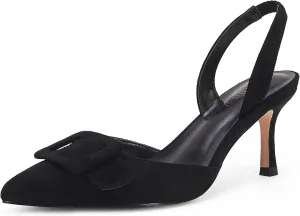 Coutgo Womens Slingback Heels Kitten Heel Pumps Dress Shoes Sling Back Closed Pointed Toe Suede Wedding Party Sandals