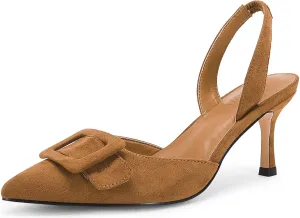 Coutgo Womens Slingback Heels Kitten Heel Pumps Dress Shoes Sling Back Closed Pointed Toe Suede Wedding Party Sandals