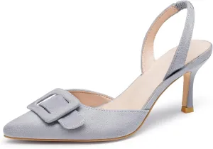 Coutgo Womens Slingback Heels Kitten Heel Pumps Dress Shoes Sling Back Closed Pointed Toe Suede Wedding Party Sandals