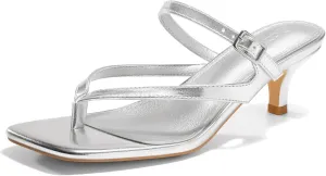 Coutgo Womens Strappy Kitten Heels Flip Flops Square Open Toe Low Heels Fashion Party Dress Thong Heeled Sandals