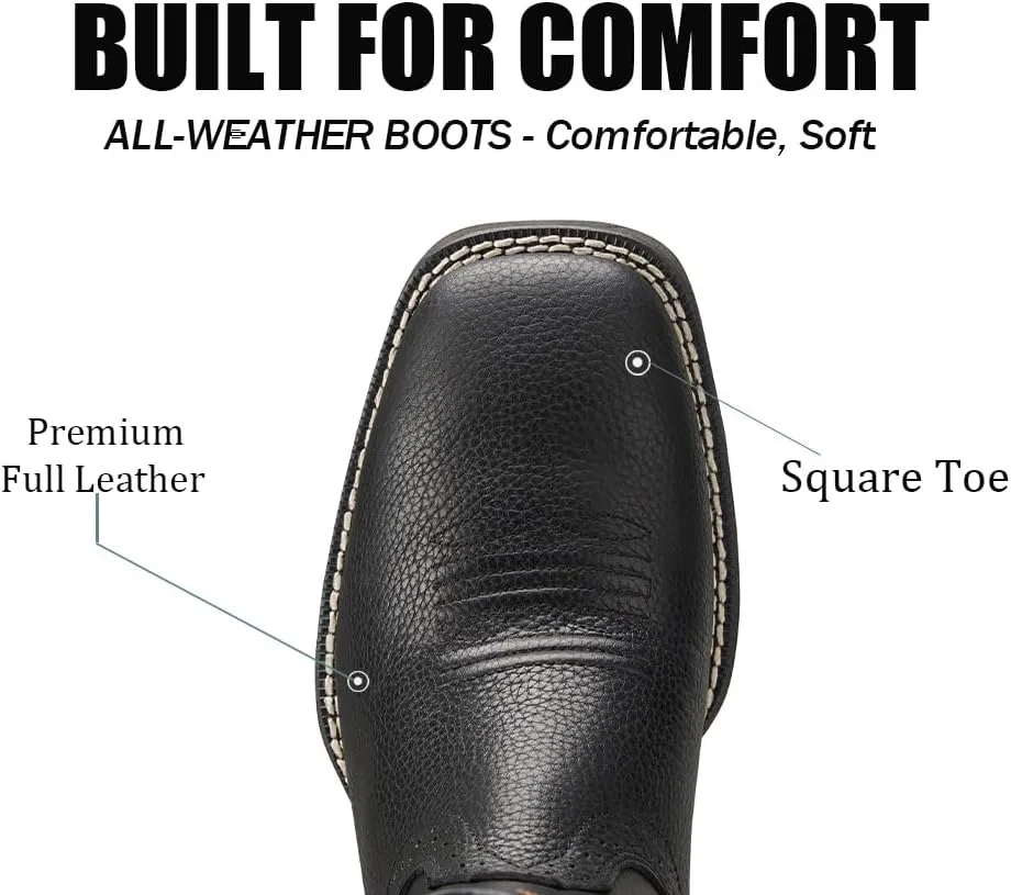 Cowboy Boots For Men - Mens Sport Wide Square Toe Western Boot,Oil/Slip Resistant,Durable Fashionable Classic Pull on 10 Inch Wellington Boots - Soft Toe