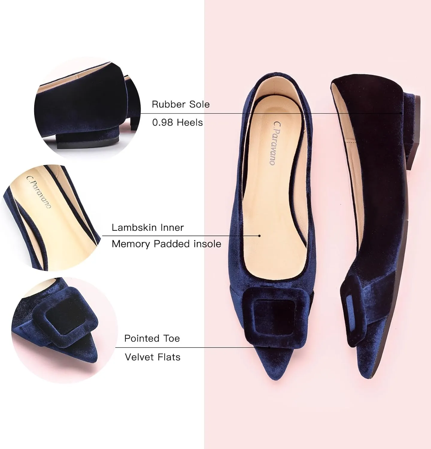 C.Paravano Women's Flats Velvet Pointed Toe Flats Slip-On Casual Work Shoes for Daily Wear Comfortable Stylish Ballet Flats