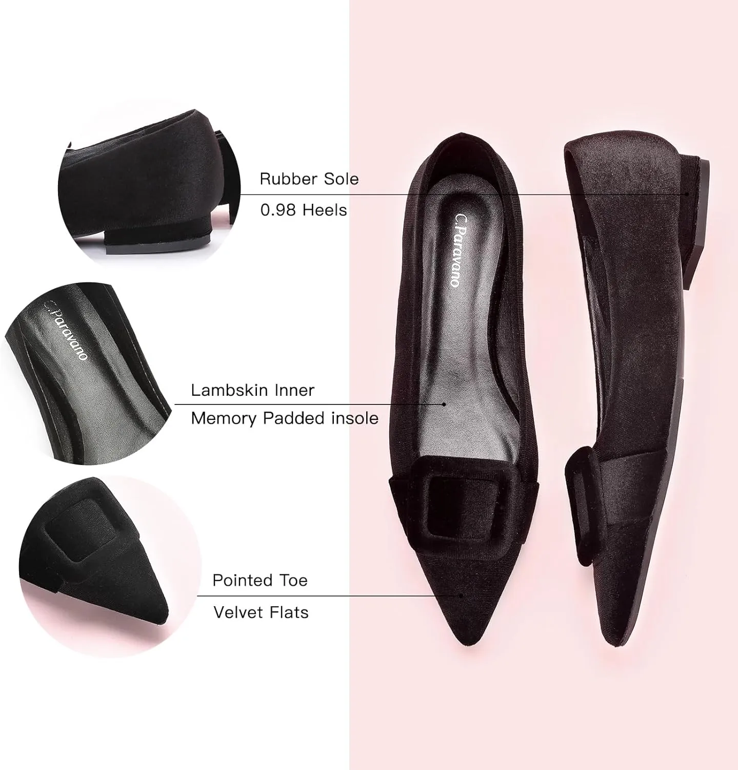 C.Paravano Women's Flats Velvet Pointed Toe Flats Slip-On Casual Work Shoes for Daily Wear Comfortable Stylish Ballet Flats