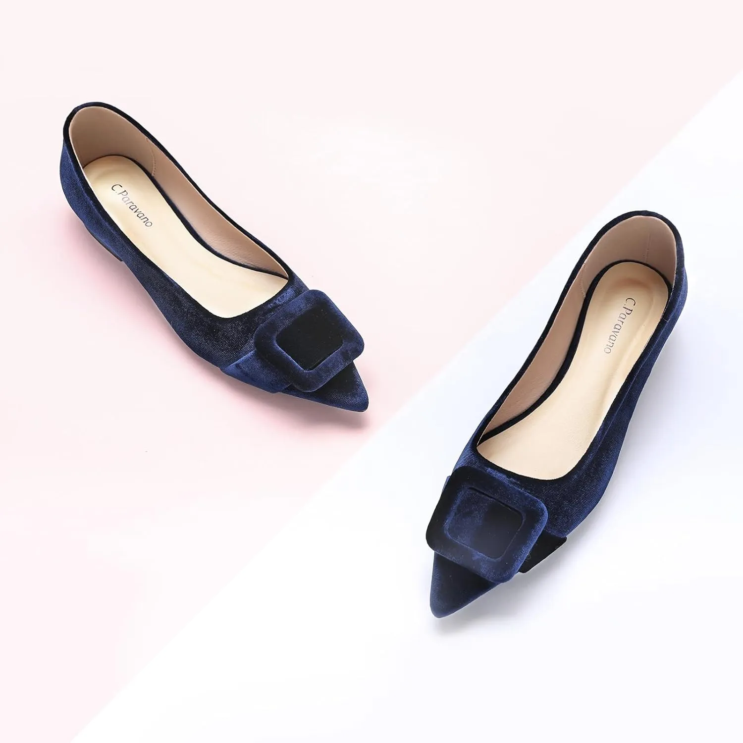 C.Paravano Women's Flats Velvet Pointed Toe Flats Slip-On Casual Work Shoes for Daily Wear Comfortable Stylish Ballet Flats