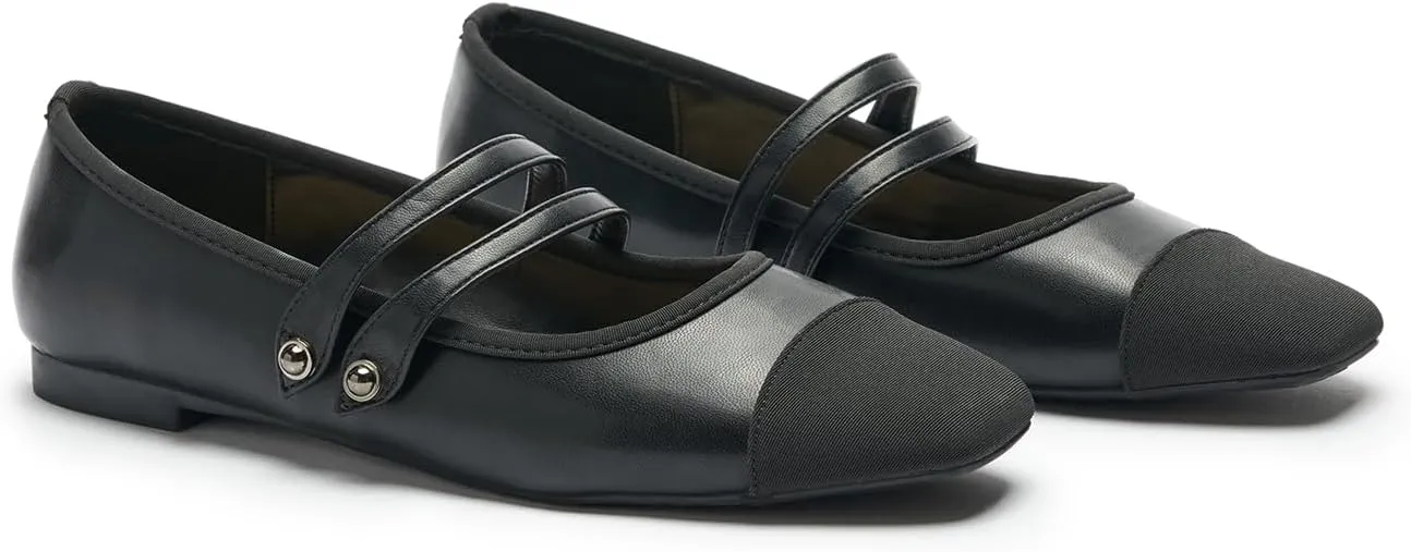 C.Paravano Womens Mary Jane Flats Closed Square Toe Mary Jane Shoes for Women Double Strap Dressy Work Shoes Slip on Ballet Flats Mary Janes for Casual Wedding