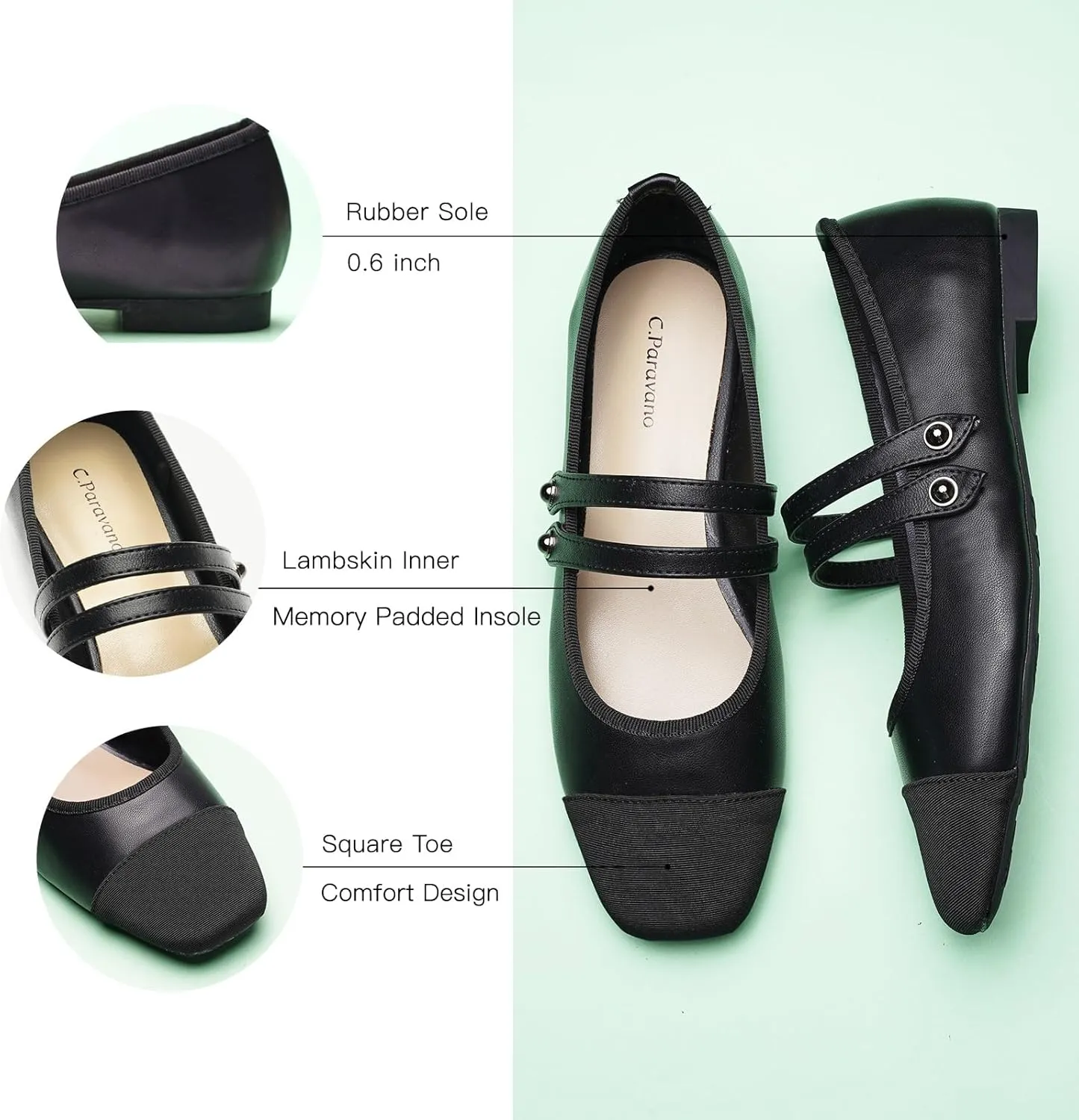 C.Paravano Womens Mary Jane Flats Closed Square Toe Mary Jane Shoes for Women Double Strap Dressy Work Shoes Slip on Ballet Flats Mary Janes for Casual Wedding