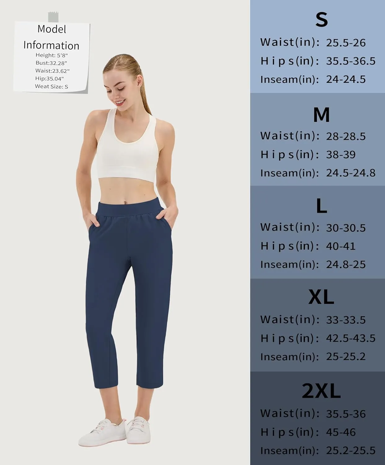 CQC Women's Golf Pants 7/8 Ankle Dress with 4 Zipper Pockets Water Resistant UPF 50  Quick Dry Pants Workout Lounge