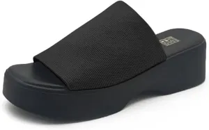 Crepuscute Platform Open Toe Sandals for Women's Wedge Slides Backless Comfortable Slip On Mid-Heel Sandals Summer Beach Casual Slippers