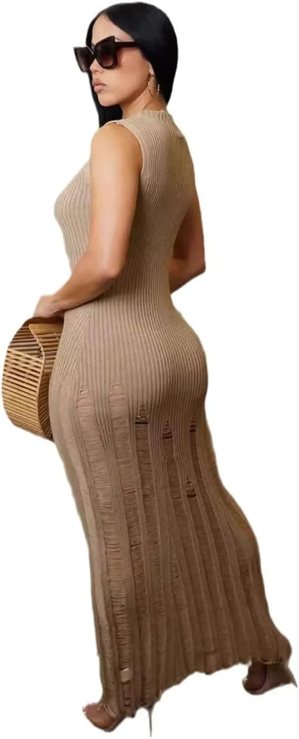 Crochet Knitted Beach Skirt Sleeveless Knitted Suspended Tassel Open Back Dress
