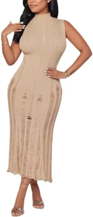 Crochet Knitted Beach Skirt Sleeveless Knitted Suspended Tassel Open Back Dress