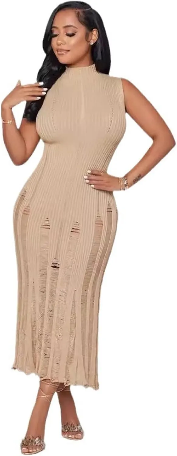 Crochet Knitted Beach Skirt Sleeveless Knitted Suspended Tassel Open Back Dress