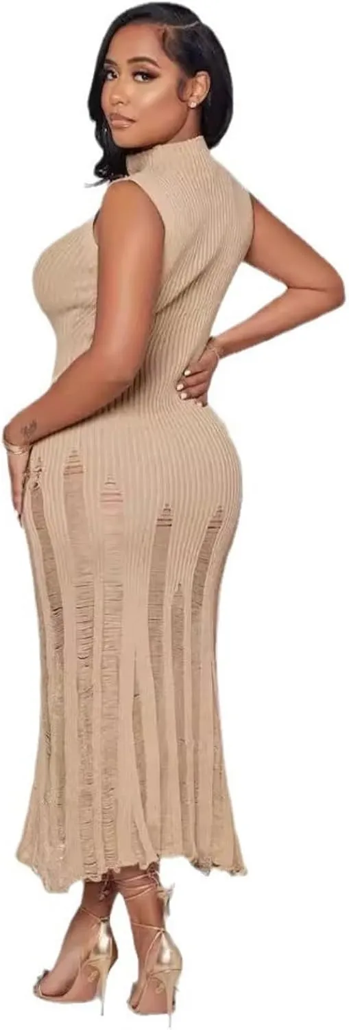 Crochet Knitted Beach Skirt Sleeveless Knitted Suspended Tassel Open Back Dress
