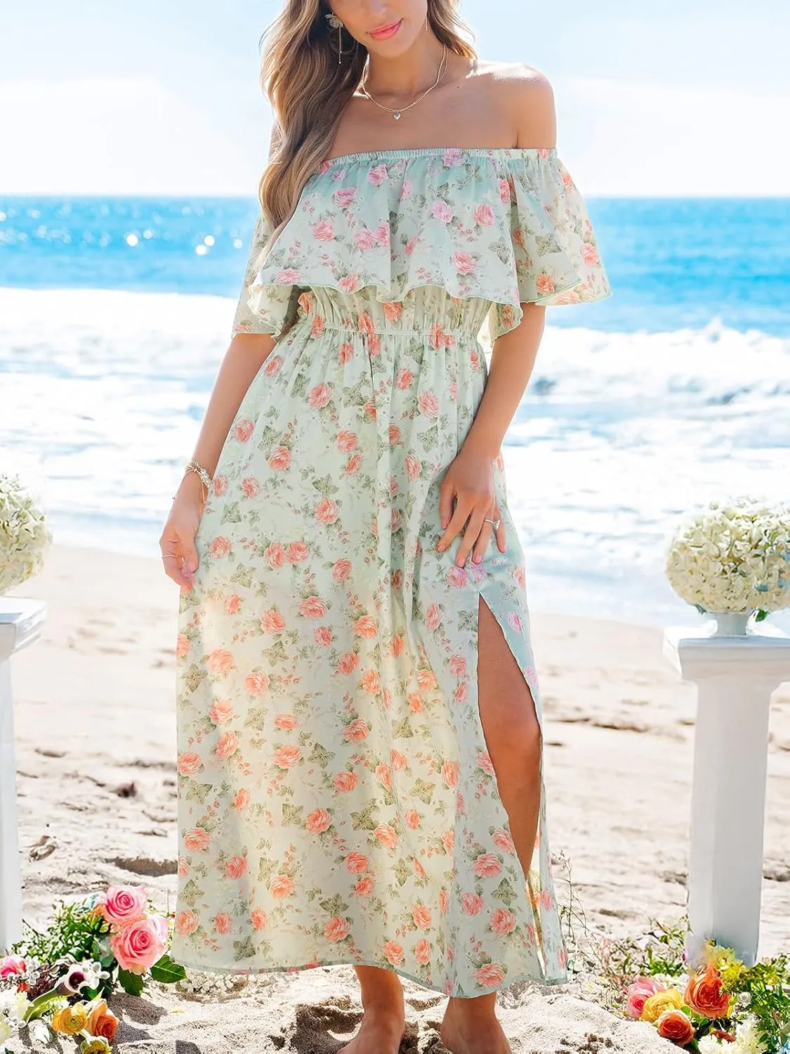 CUPSHE Women Ruffle Floral Maxi Summer Dress Off Shoulder Short Sleeve Backless Flounce Bodice Slit Hem Beach Dresses