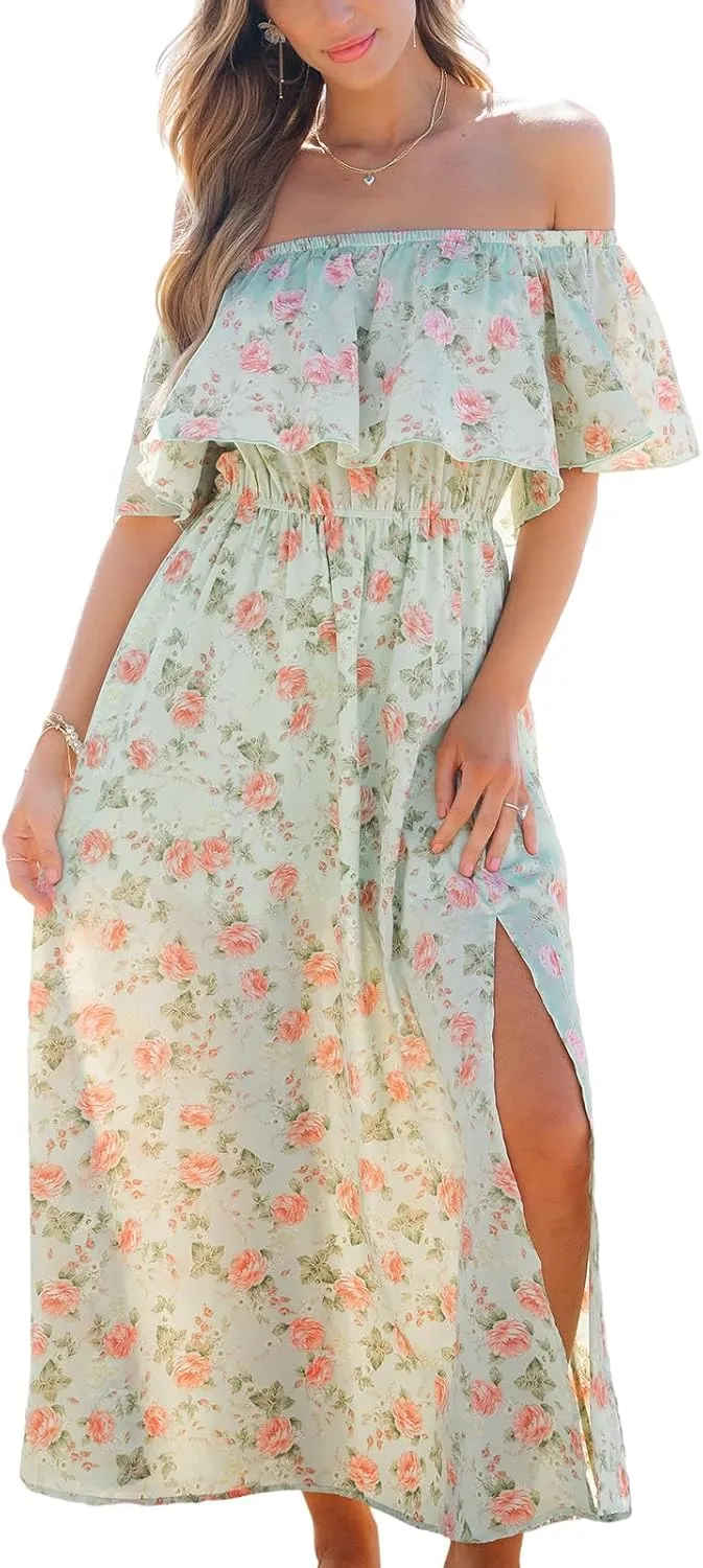 CUPSHE Women Ruffle Floral Maxi Summer Dress Off Shoulder Short Sleeve Backless Flounce Bodice Slit Hem Beach Dresses