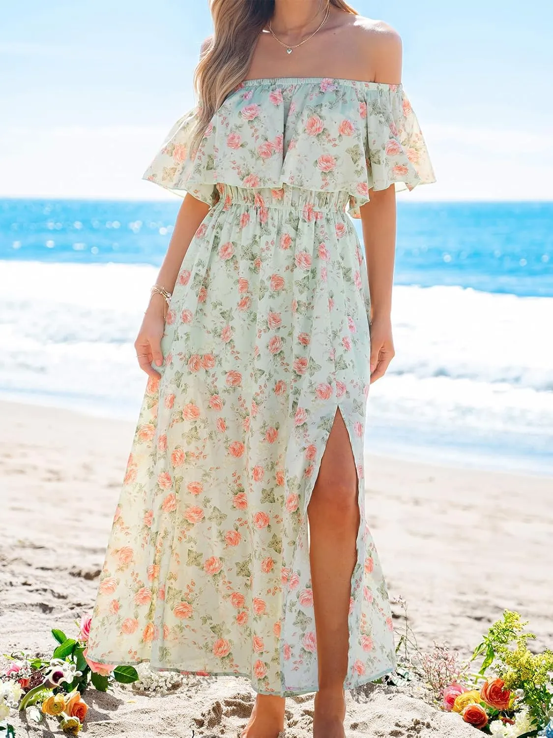 CUPSHE Women Ruffle Floral Maxi Summer Dress Off Shoulder Short Sleeve Backless Flounce Bodice Slit Hem Beach Dresses