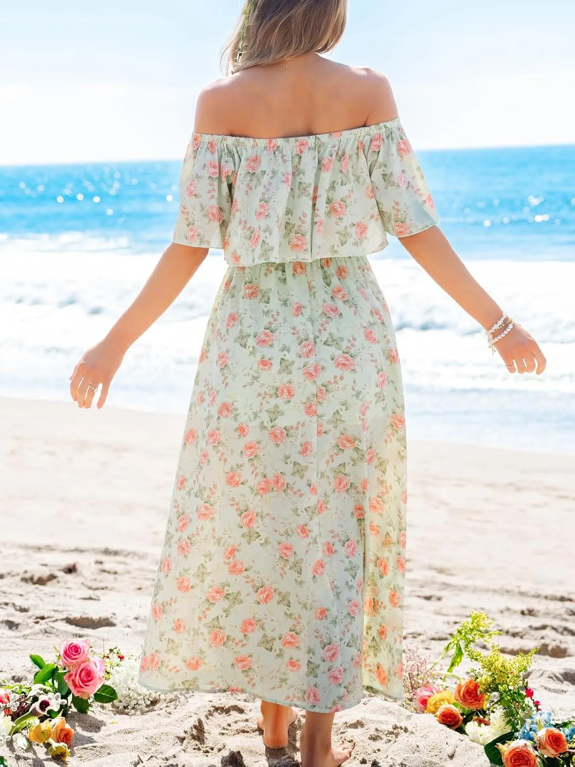 CUPSHE Women Ruffle Floral Maxi Summer Dress Off Shoulder Short Sleeve Backless Flounce Bodice Slit Hem Beach Dresses