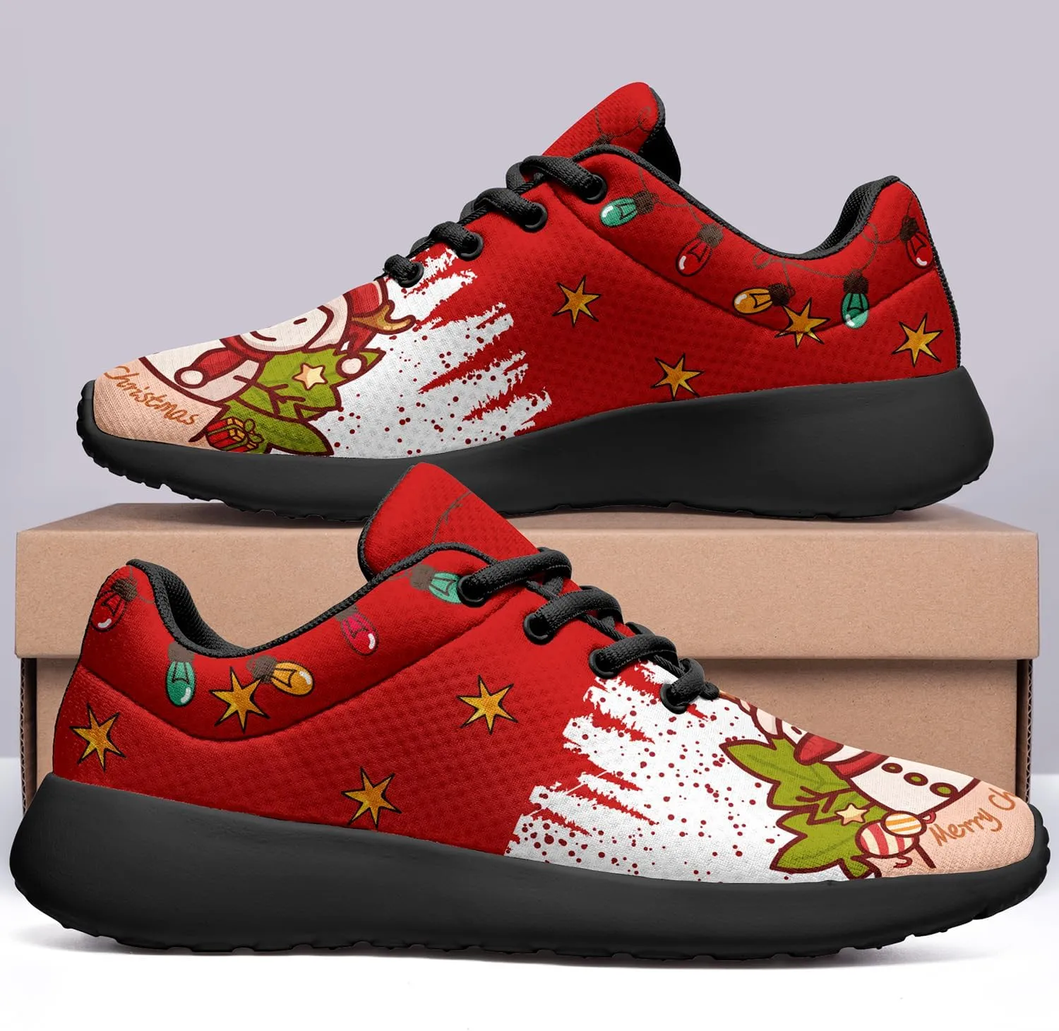 Custom Christmas Walking Sneakers, Snowman Design, Comfortable Lightweight Running Shoes, Festive Holiday Footwear for Women