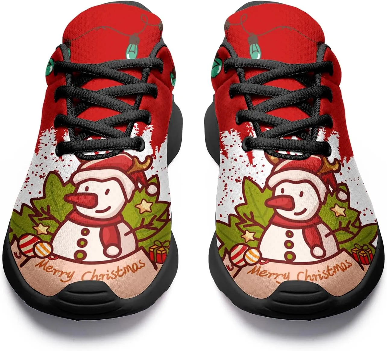 Custom Christmas Walking Sneakers, Snowman Design, Comfortable Lightweight Running Shoes, Festive Holiday Footwear for Women