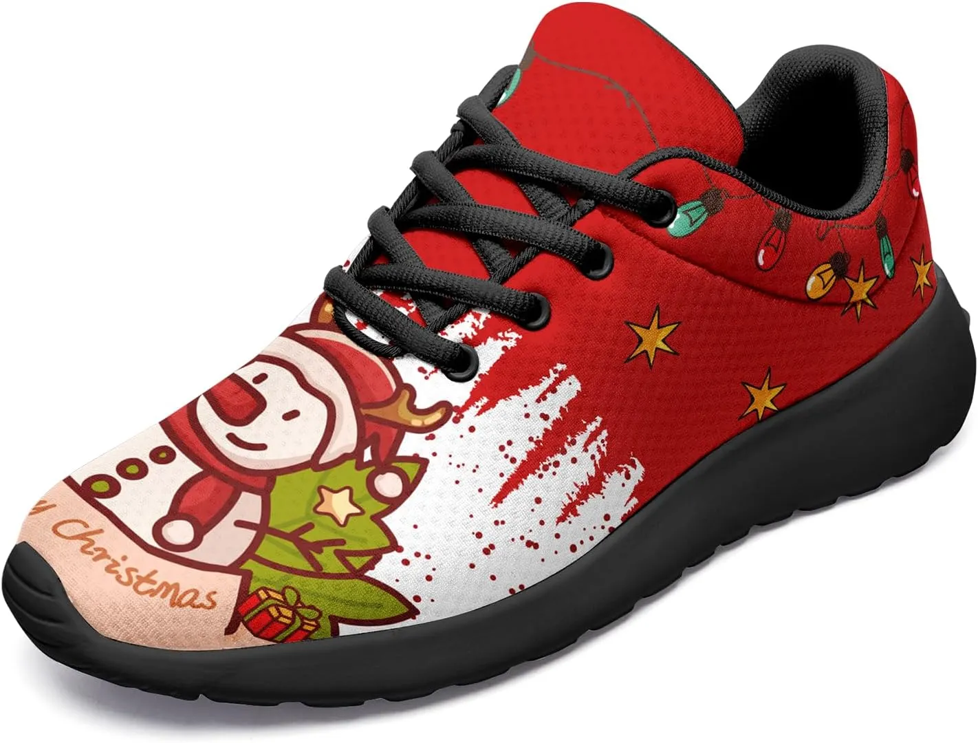 Custom Christmas Walking Sneakers, Snowman Design, Comfortable Lightweight Running Shoes, Festive Holiday Footwear for Women