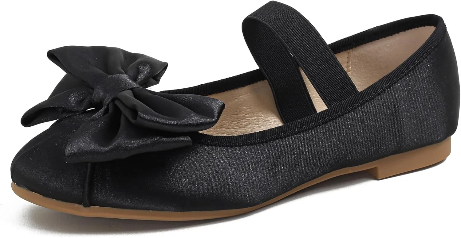Dear Time Bowknot Satin Ballet Flats Elastic Strap Cute Round Toe Shoes Slip on Black Size 9