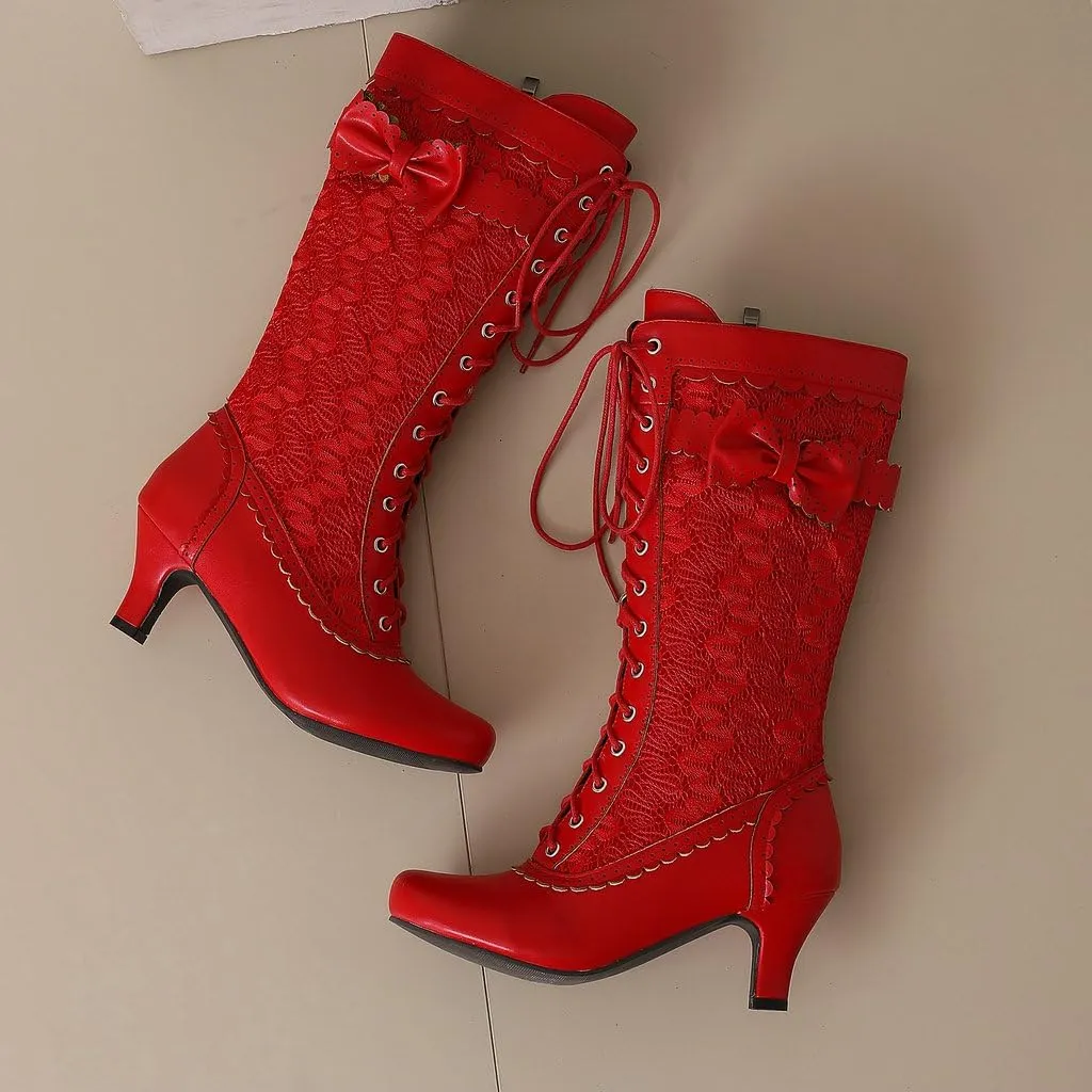 DINTAHA Vintage Victorian Boots Lace Mid Calf Kitten Heel Boots Wedding Dress Boots With Bow