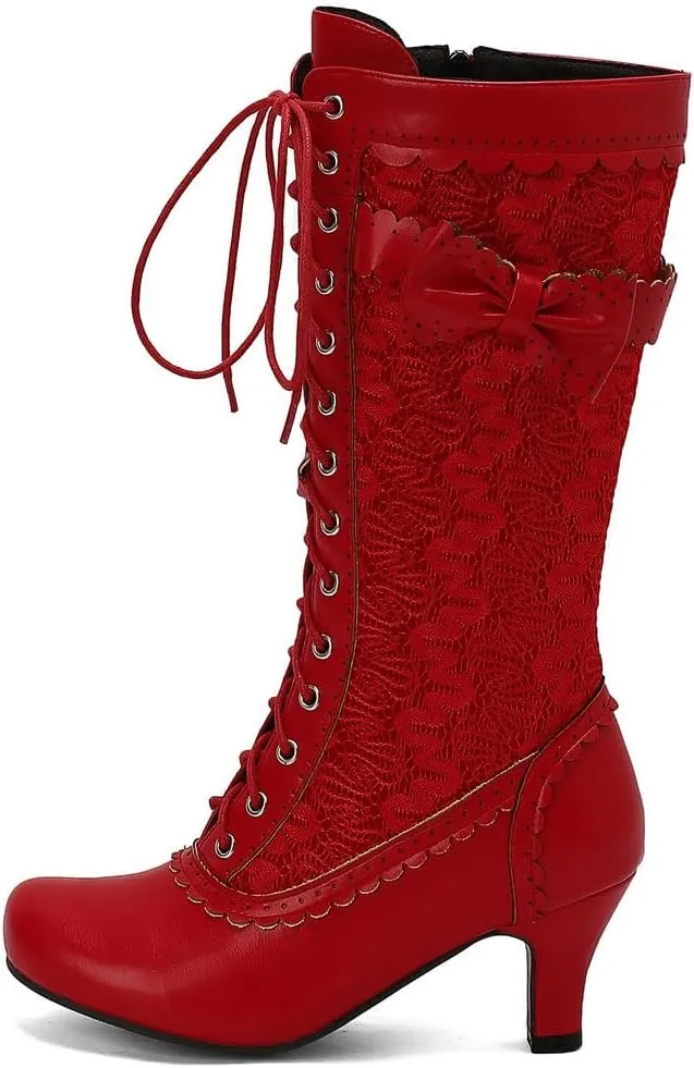 DINTAHA Vintage Victorian Boots Lace Mid Calf Kitten Heel Boots Wedding Dress Boots With Bow