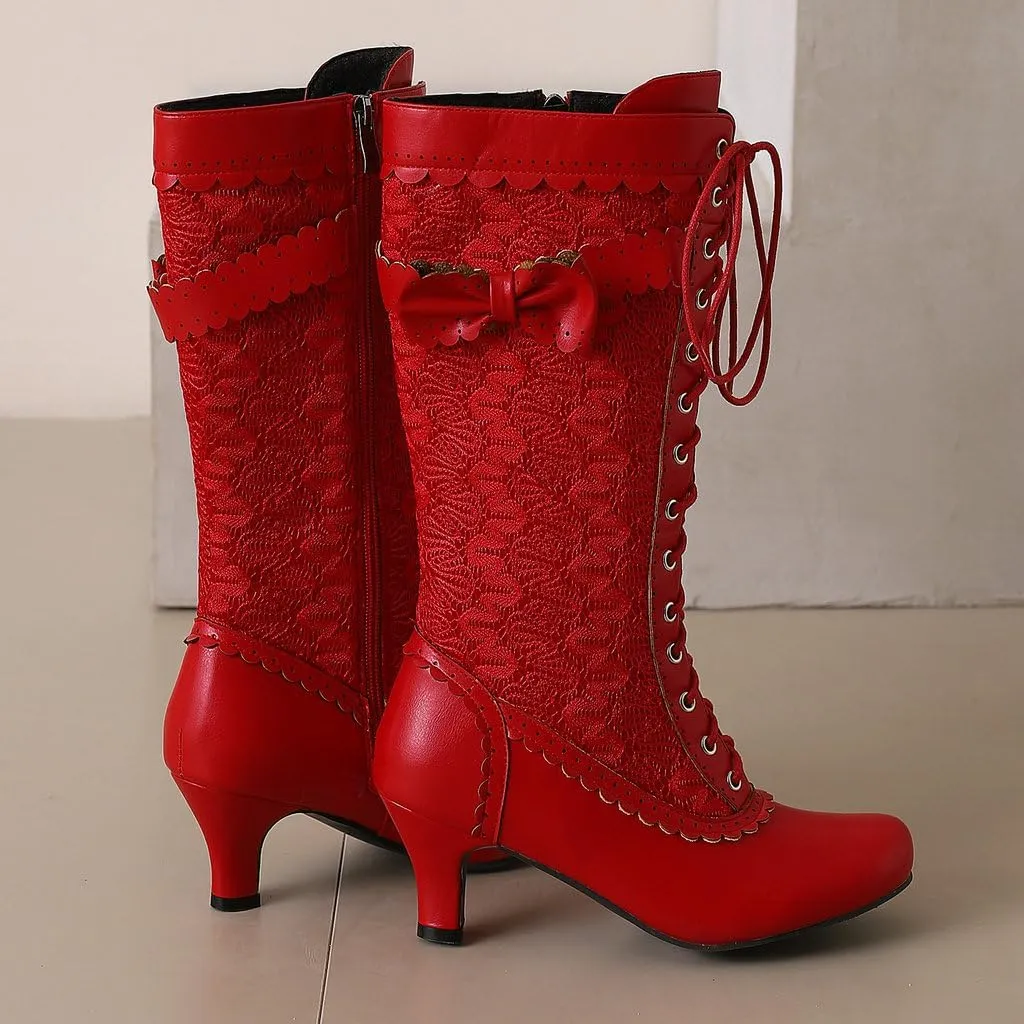 DINTAHA Vintage Victorian Boots Lace Mid Calf Kitten Heel Boots Wedding Dress Boots With Bow