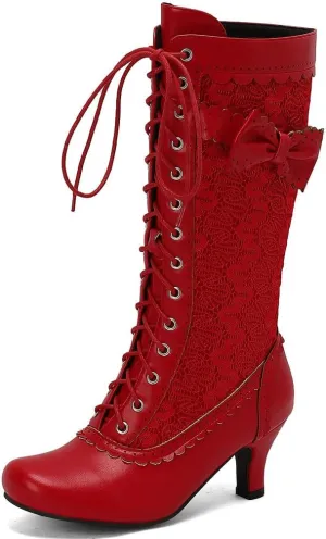 DINTAHA Vintage Victorian Boots Lace Mid Calf Kitten Heel Boots Wedding Dress Boots With Bow