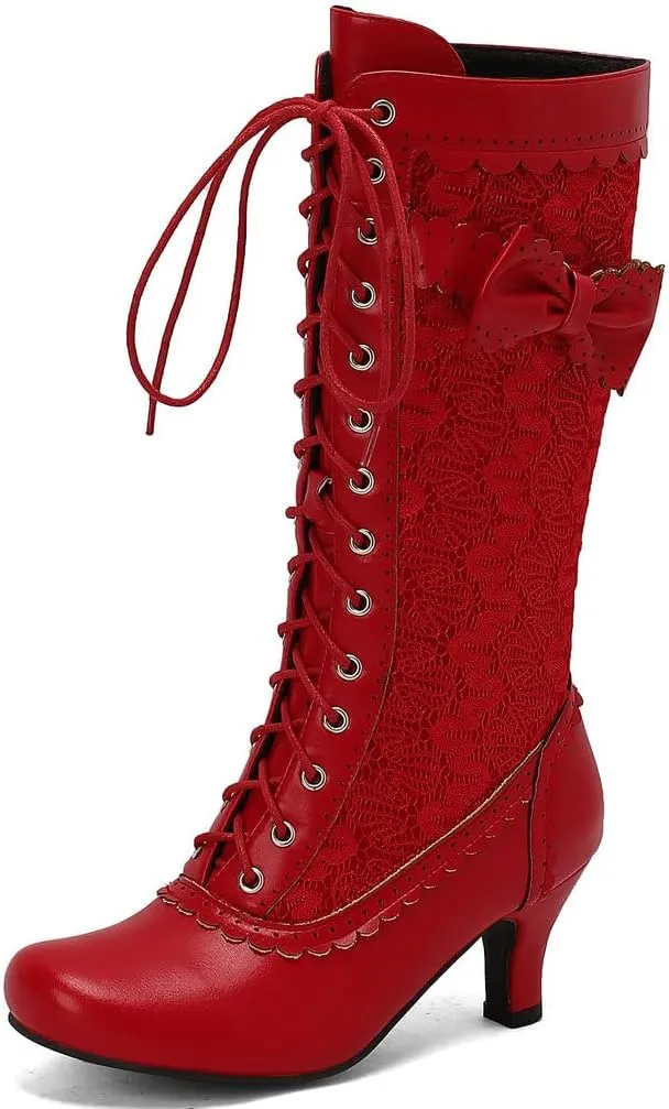 DINTAHA Vintage Victorian Boots Lace Mid Calf Kitten Heel Boots Wedding Dress Boots With Bow