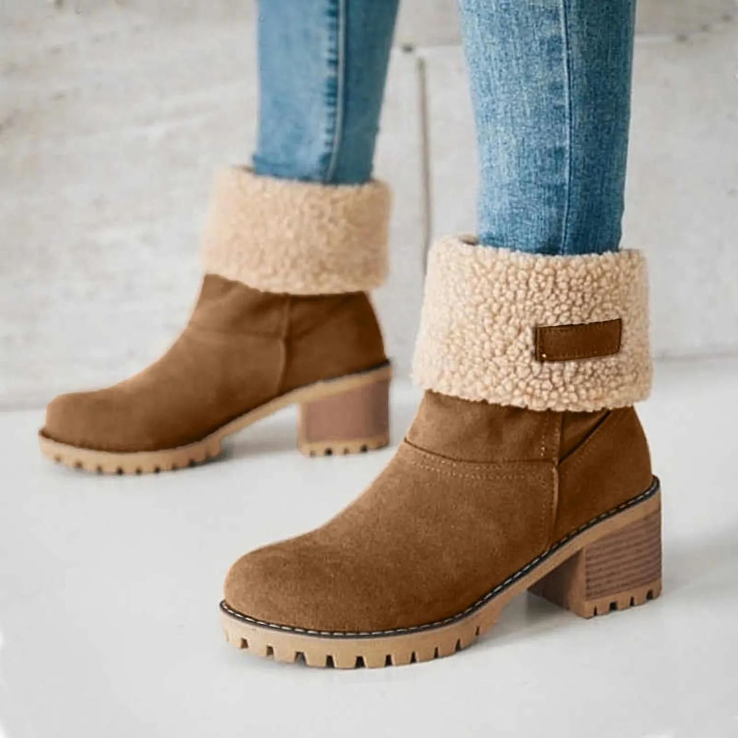 Dotmalls Boots Dotmalls Seniors' Chunky Heel Winter Boots Sherpa Lined Boots Comfortable Slip On Mid Chunky Heel Suede Snow Boots Warm Ankle Boots