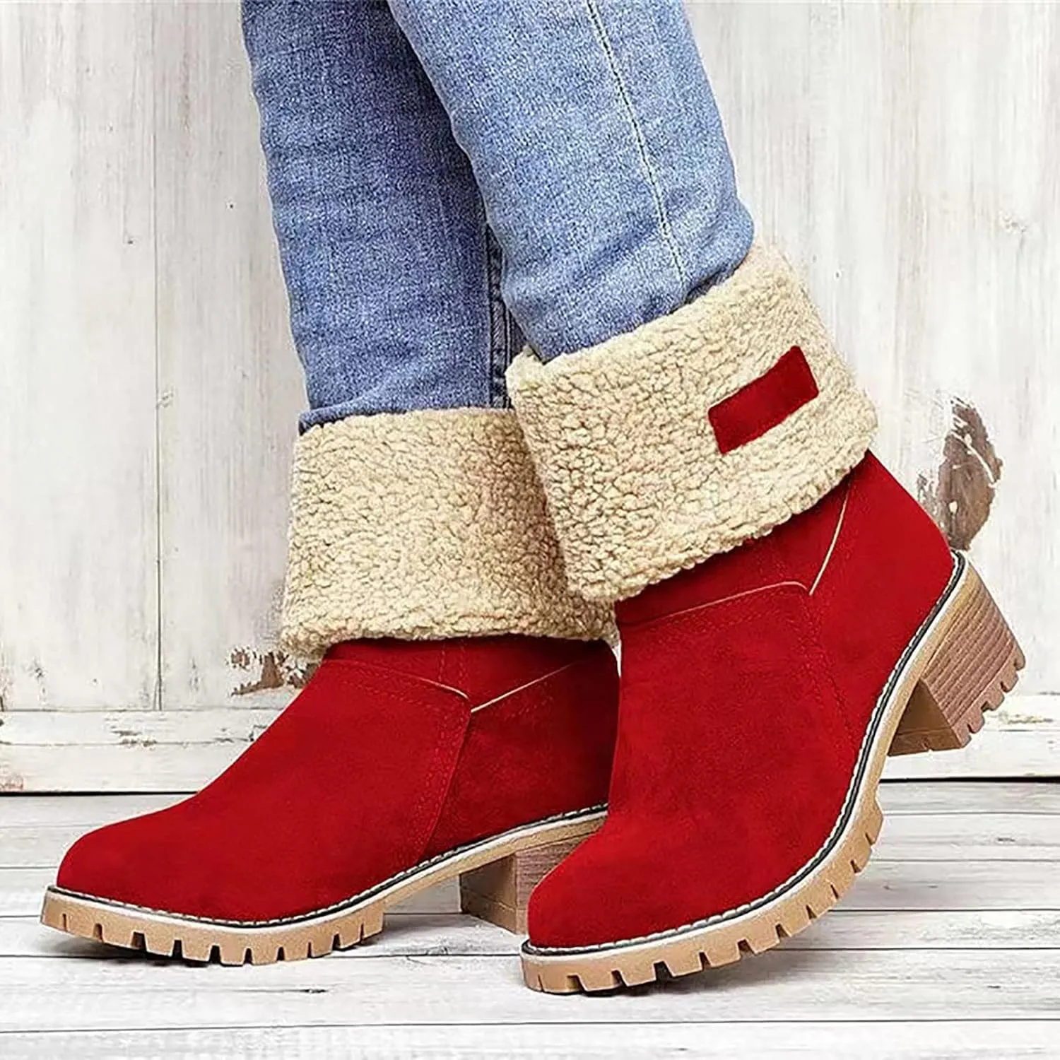 Dotmalls Boots Dotmalls Seniors' Chunky Heel Winter Boots Sherpa Lined Boots Comfortable Slip On Mid Chunky Heel Suede Snow Boots Warm Ankle Boots