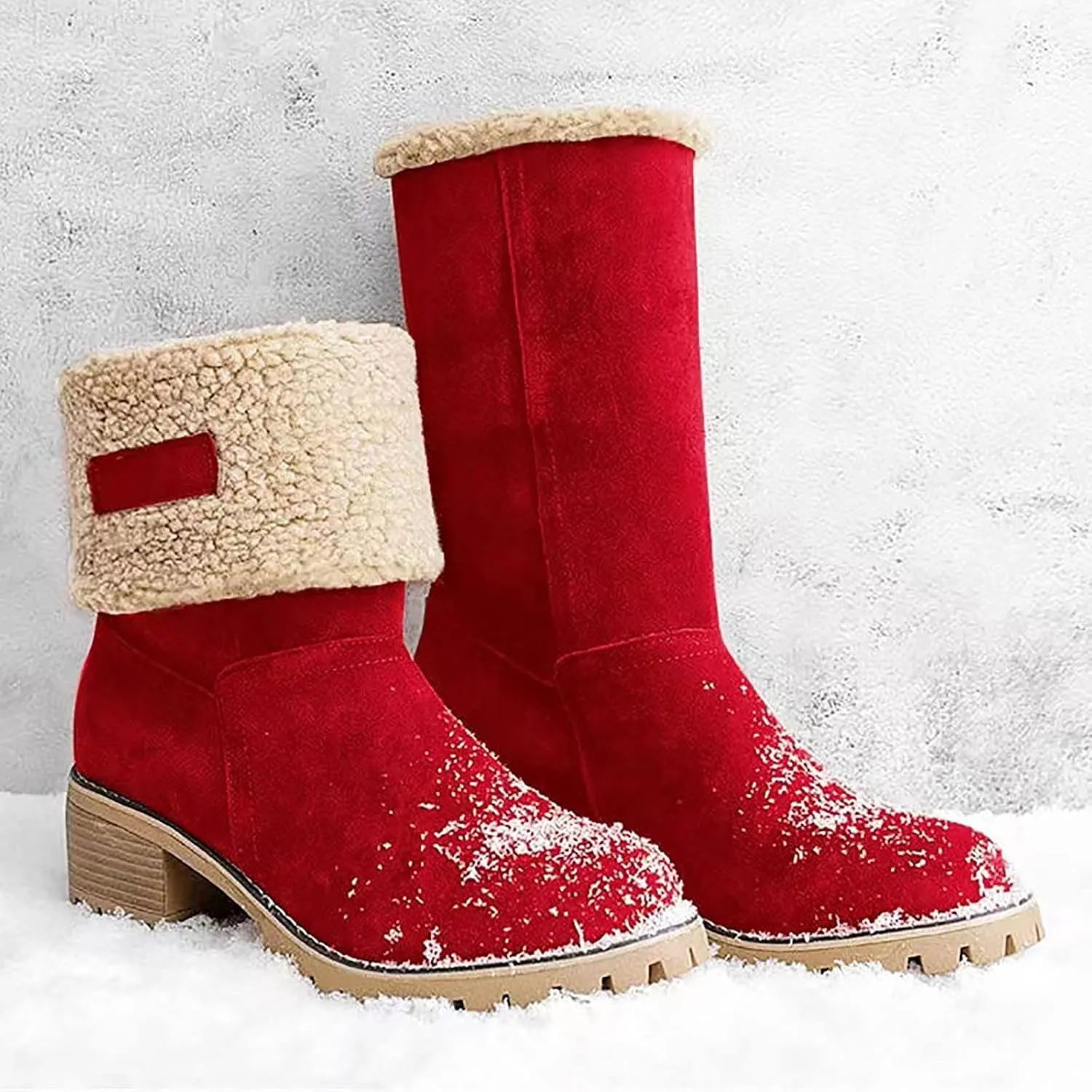 Dotmalls Boots Dotmalls Seniors' Chunky Heel Winter Boots Sherpa Lined Boots Comfortable Slip On Mid Chunky Heel Suede Snow Boots Warm Ankle Boots