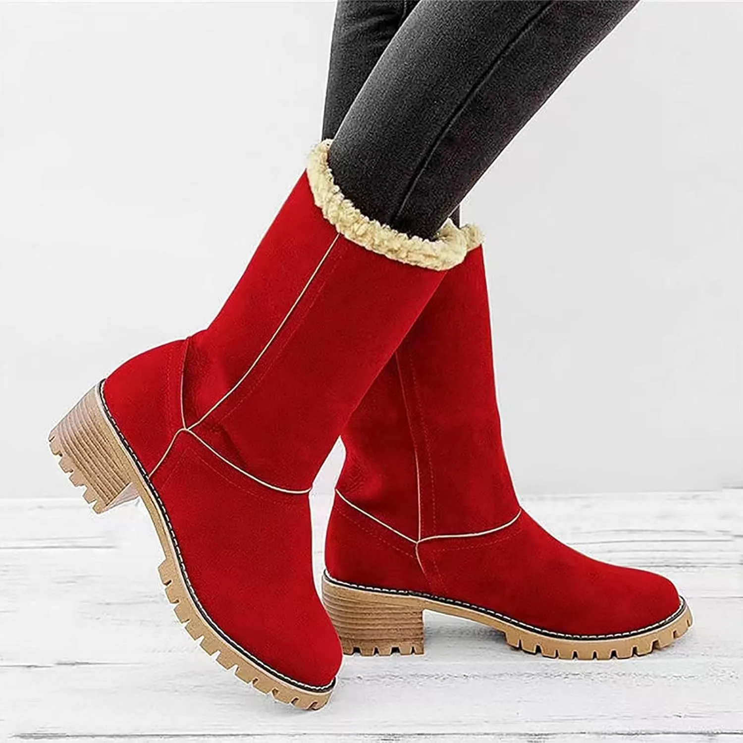 Dotmalls Boots Dotmalls Seniors' Chunky Heel Winter Boots Sherpa Lined Boots Comfortable Slip On Mid Chunky Heel Suede Snow Boots Warm Ankle Boots