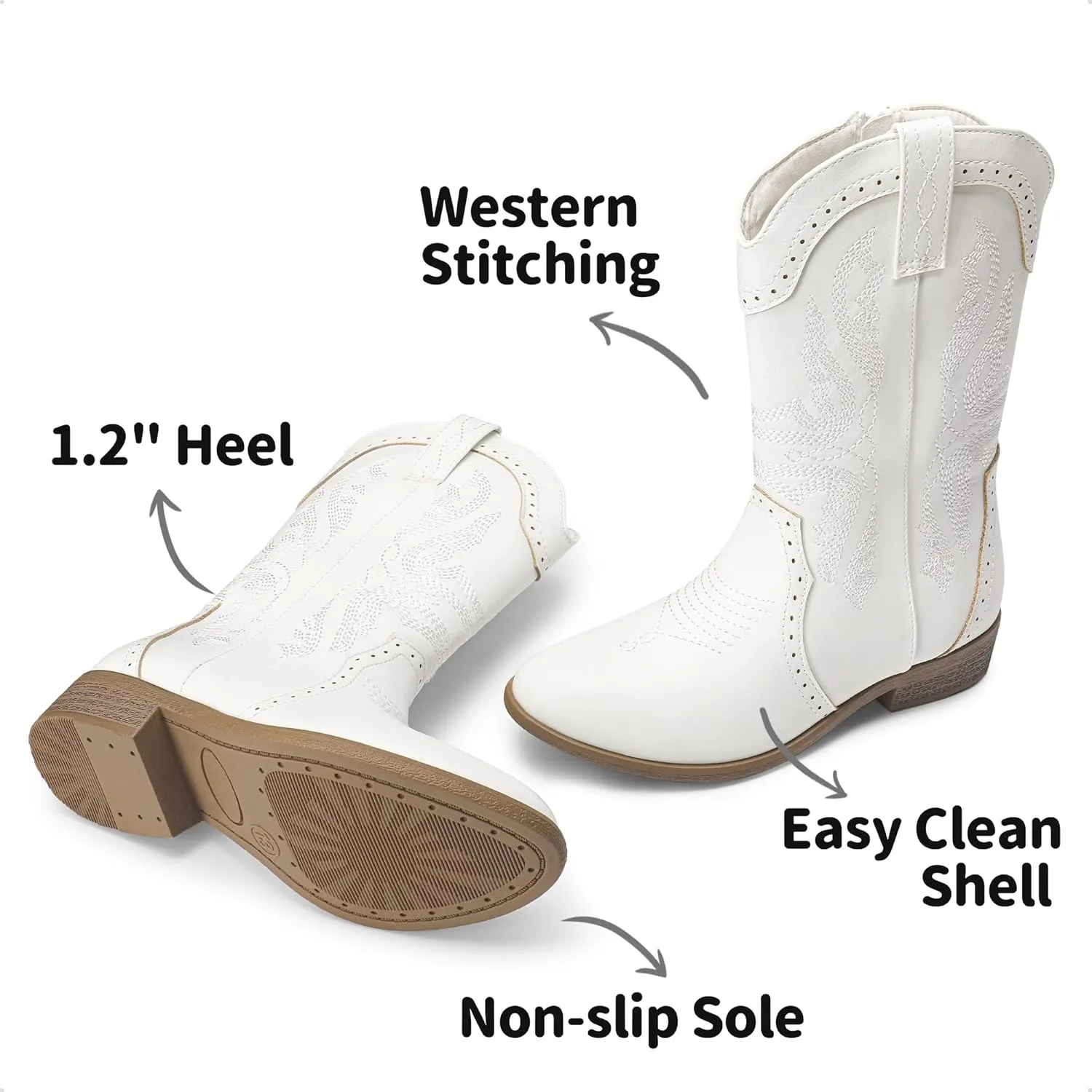 DREAM PAIRS Cowgirl Boots for Girls Boys Cowboy Boots Kids Western Embroidered Mid Calf Riding Shoes with Walking Heel Toddler/Little Kid/Big Kid