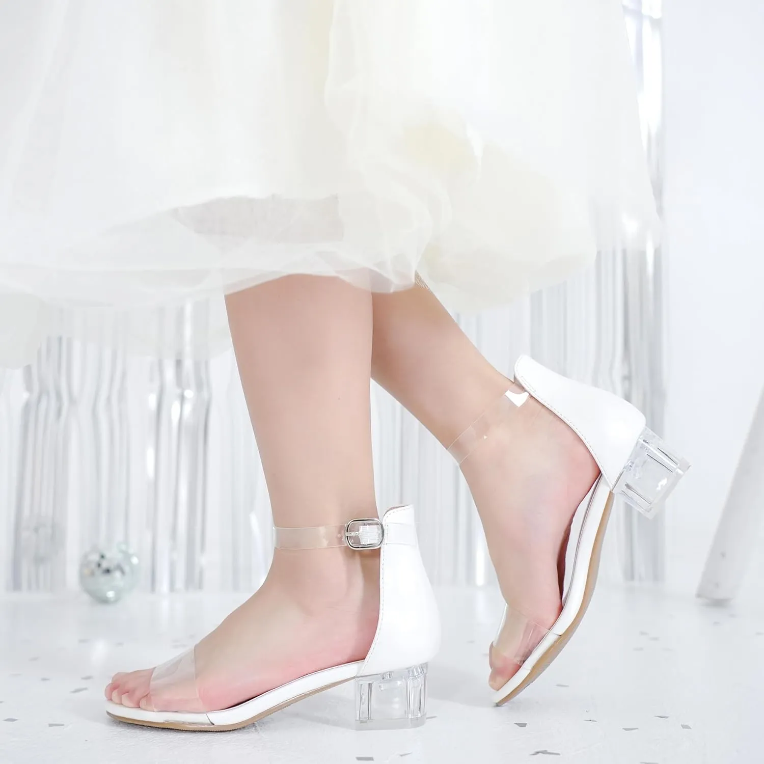 Dufannie Girls Sandals Low Heels Dress Pump Ankle Strap Open Toe Flower Girl Wedding Party for Toddler Little Big Kid